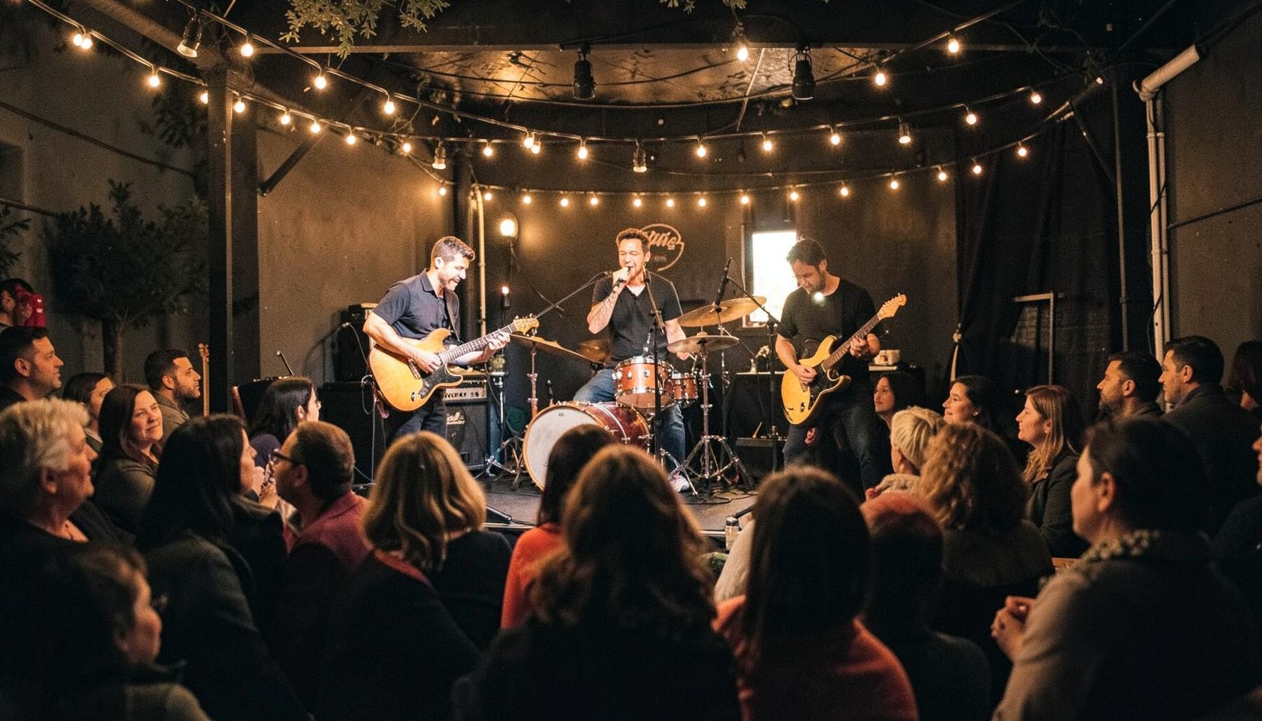 Live band performing on a small stage with string lights and a cozy crowd