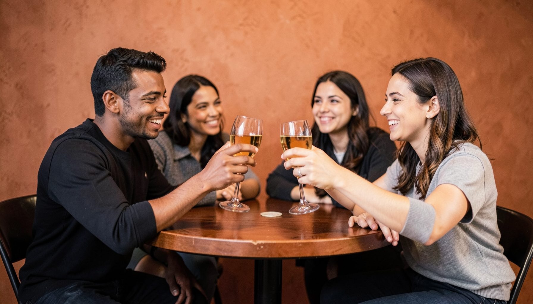 Friends raising glasses at a high-top table, warm terracotta wall behind them