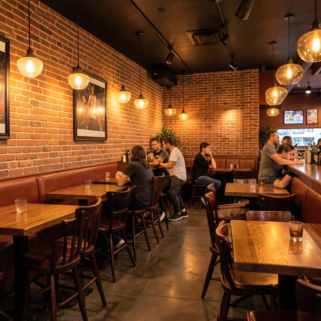 Warm interior of a lively sports bar with brick walls, pendant lighting, and wooden tables in deep amber and terracotta tones