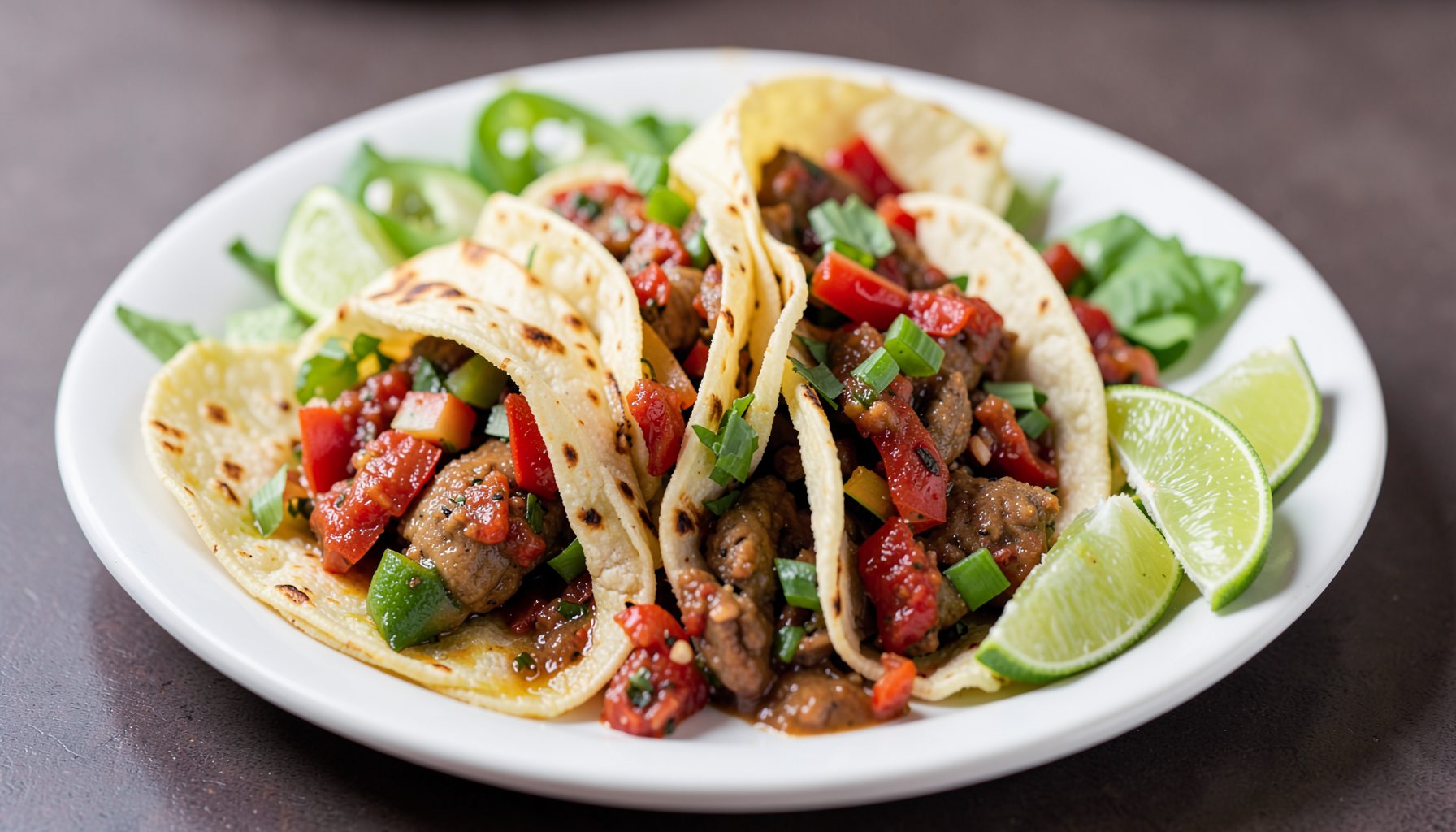 Platter of tacos with fresh lime wedges and salsa, vibrant red and green accents