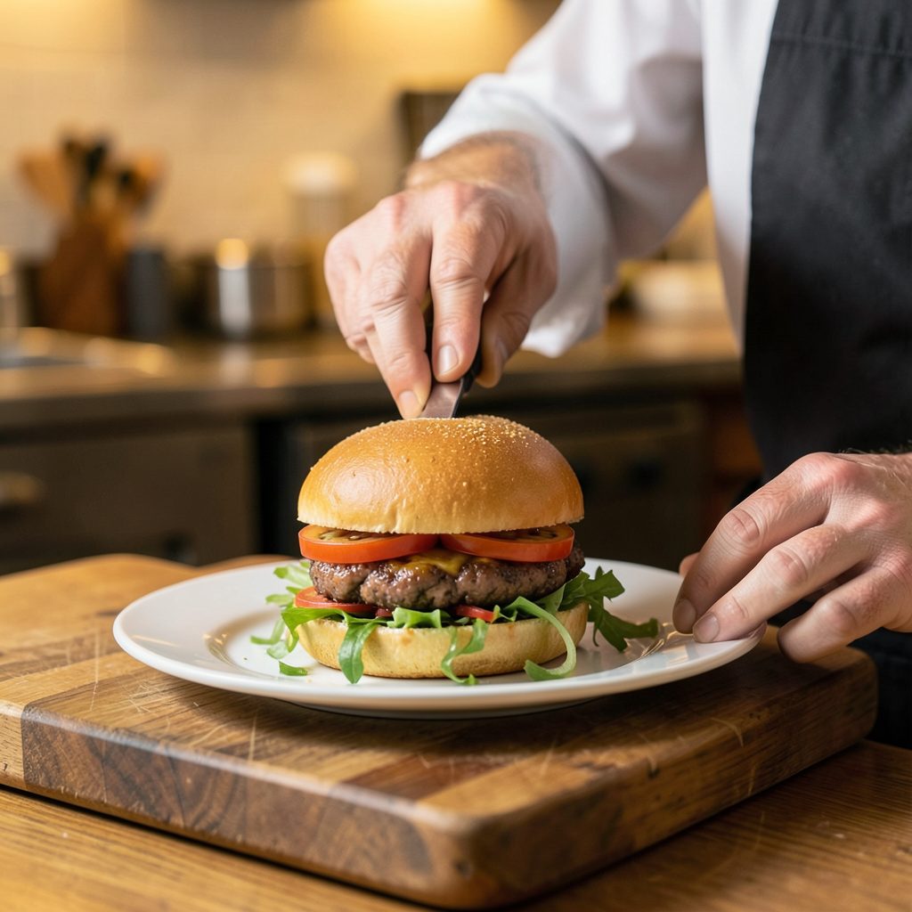 A chef's hands plating a burger with fresh toppings on a wooden board, warm kitchen glow in the background