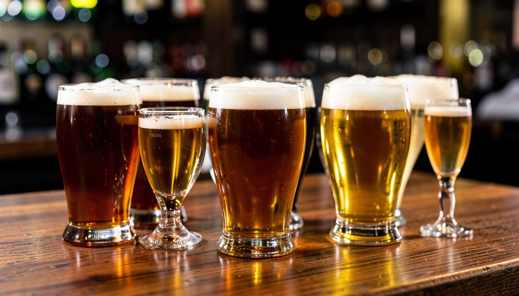 Flight of craft beer glasses in varying amber and gold hues on a wooden bar top