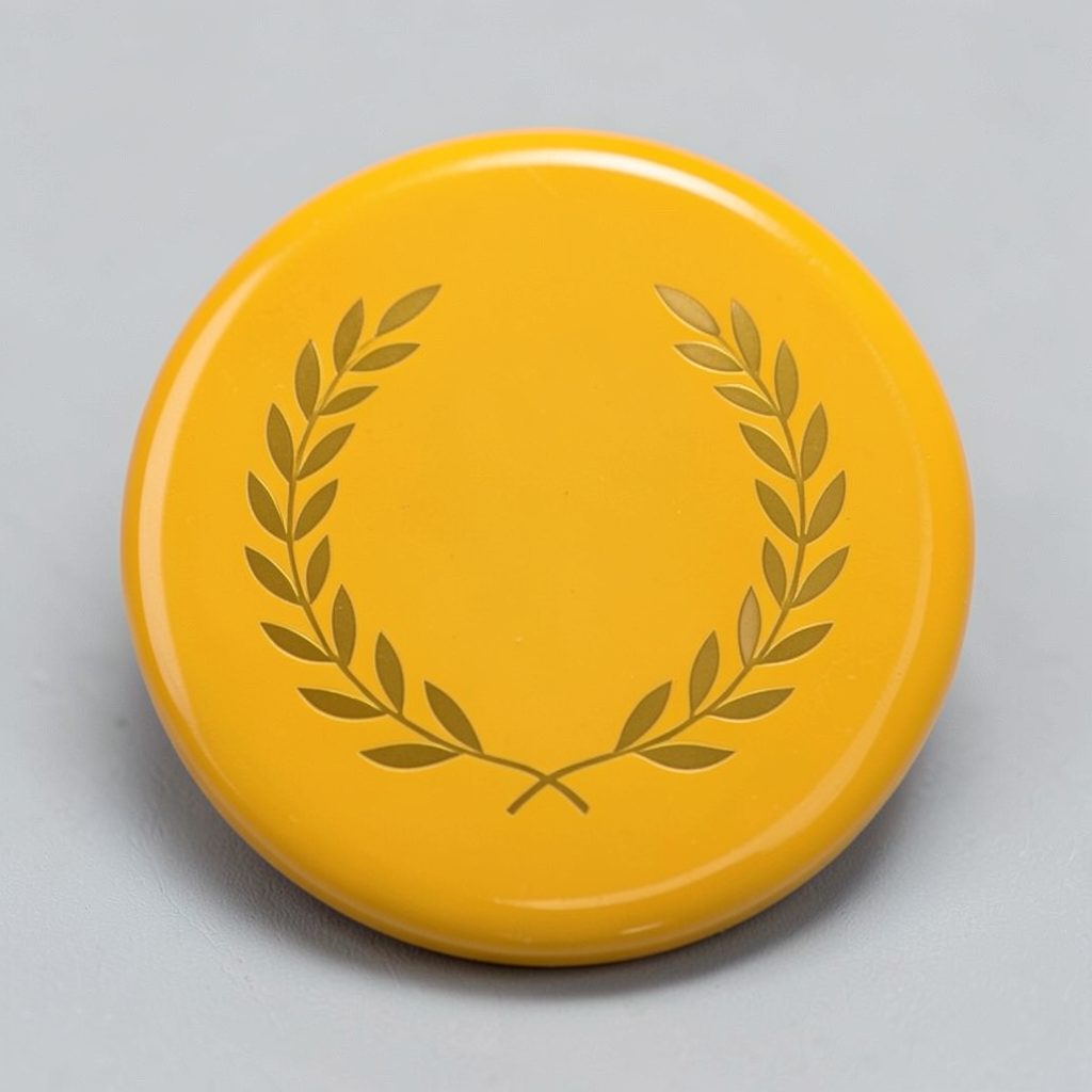 Small round mustard-yellow award badge with a laurel wreath motif