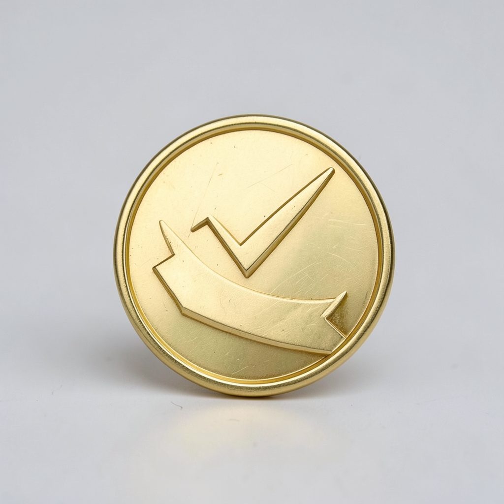 Small round gold badge with a checkmark and ribbon design