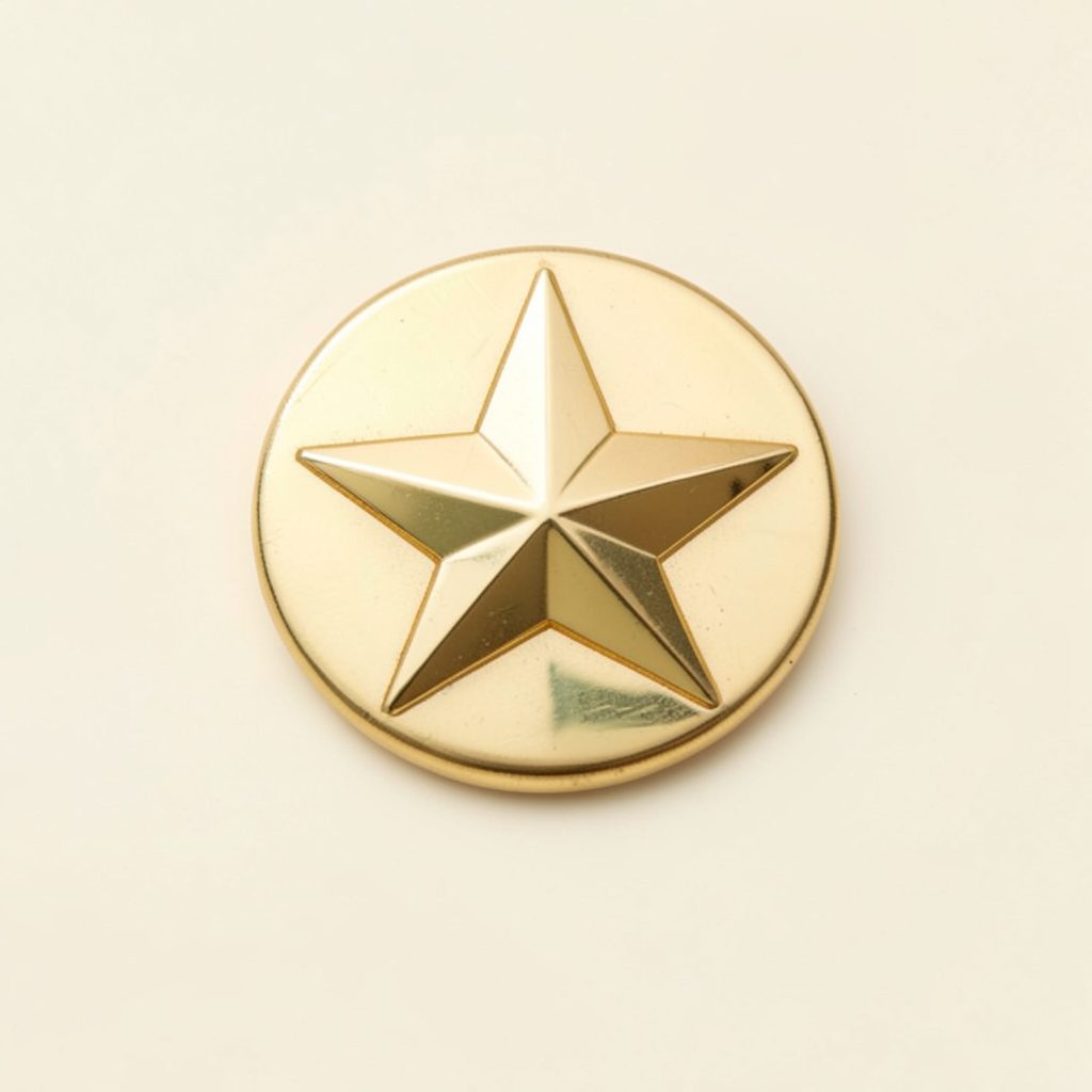 Small round gold-toned award badge with a star emblem on a cream background