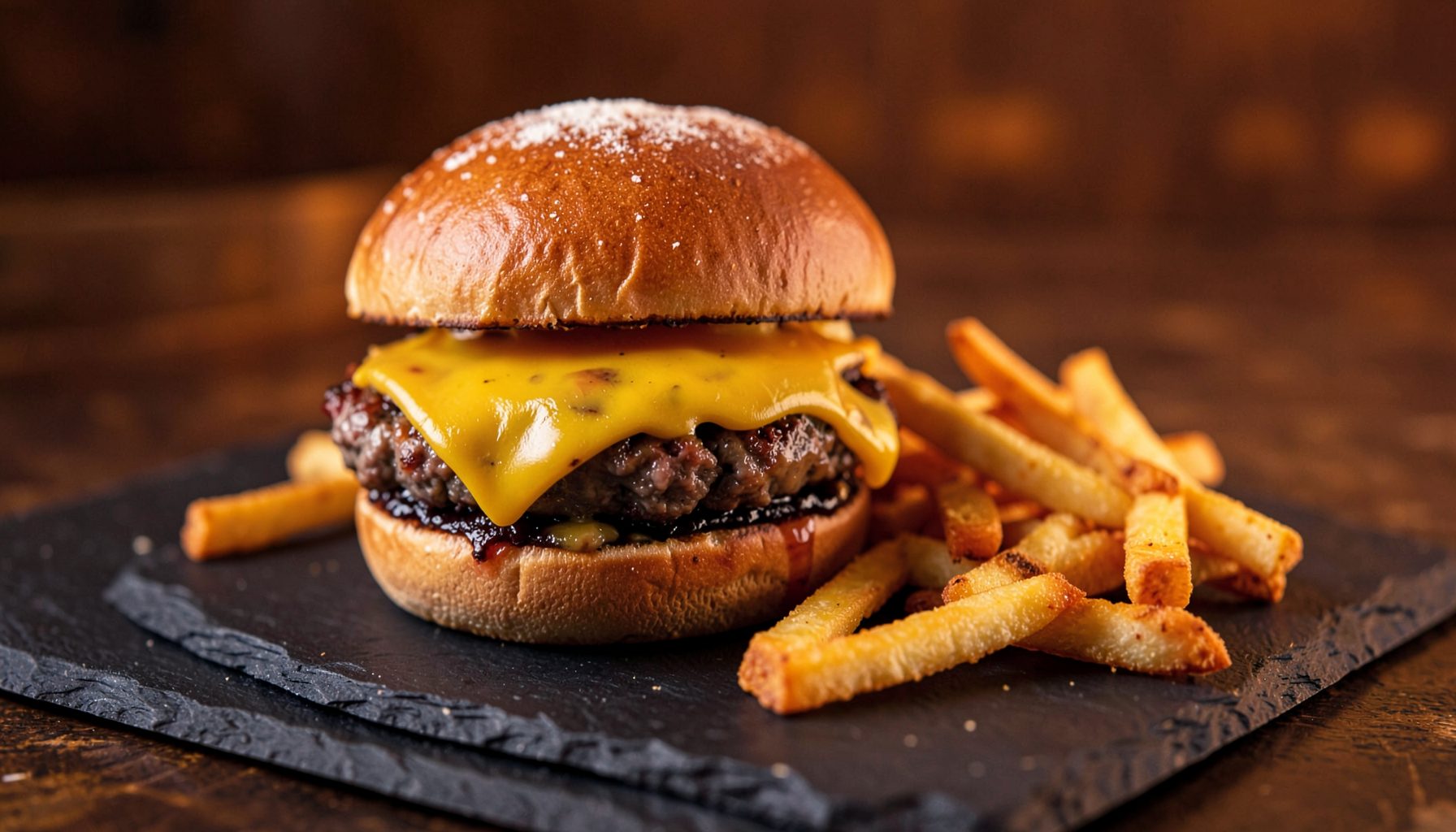 Juicy burger with melted cheese and crispy fries on a dark slate plate, warm amber lighting